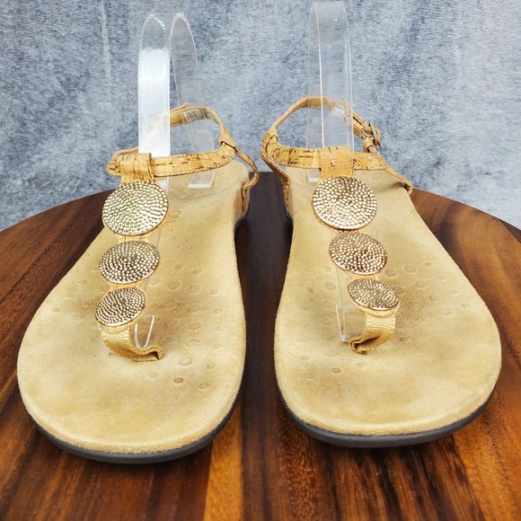 Vionic Lizbeth Sandals Women's 11 Tan Cork Gold Metallic Buckle T Strap Orthotic - Picture 2 of 10